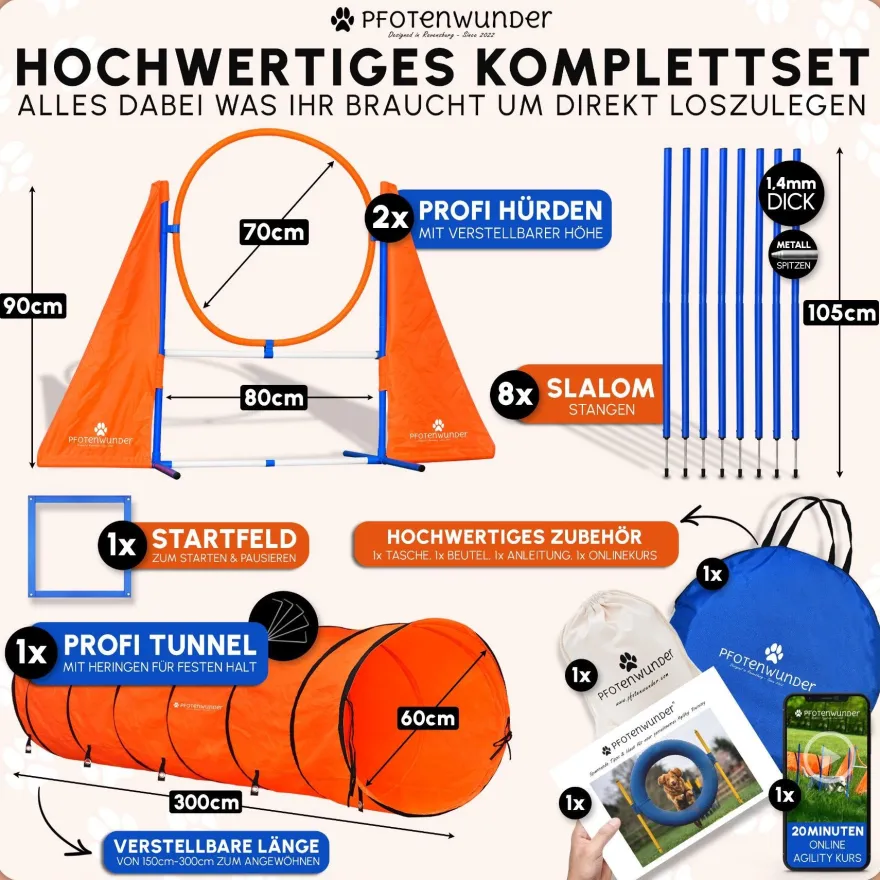 PFOTENWUNDER® XXL-Profi-Agility Set Hunde Groß + 3 Meter-Tunnel + 21 Min. Hundeschule