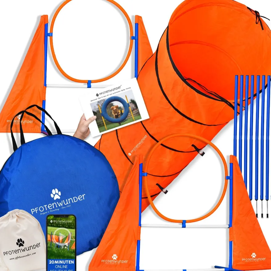 PFOTENWUNDER® XXL-Profi-Agility Set Hunde Groß + 3 Meter-Tunnel + 21 Min. Hundeschule
