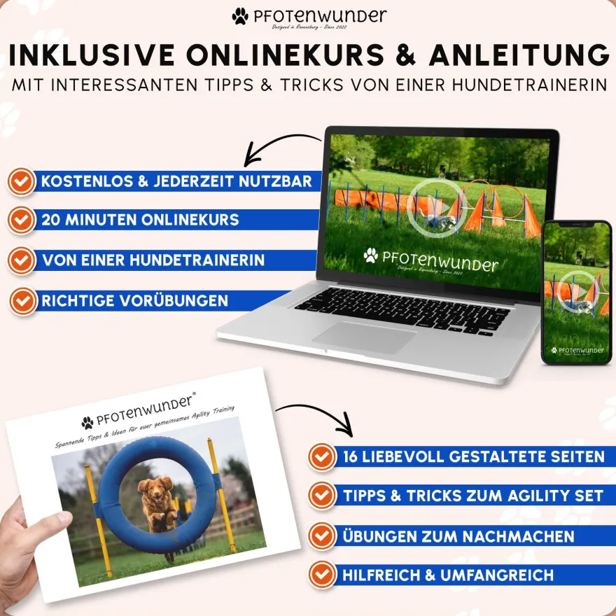 PFOTENWUNDER® XXL-Profi-Agility Set Hunde Groß + 3 Meter-Tunnel + 21 Min. Hundeschule