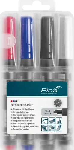 Pica 4 x Permanent Marker Set 1-4mm Rot Blau Schwarz Weiß