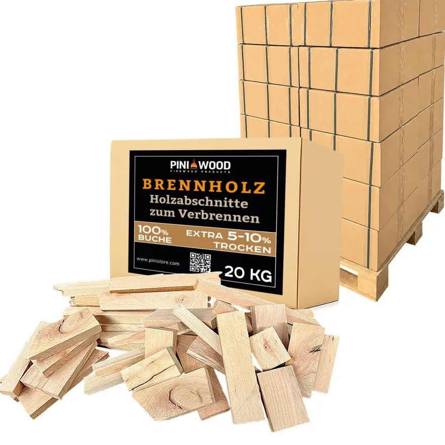 PINI Brennholz 100% Buche Kammergetrocknet Holzabschnitte 480 kg Palette