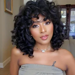 Porsmeer Afro Perücke Damen Synthetik Kinky Curly mit Pony Natürliche Haar für