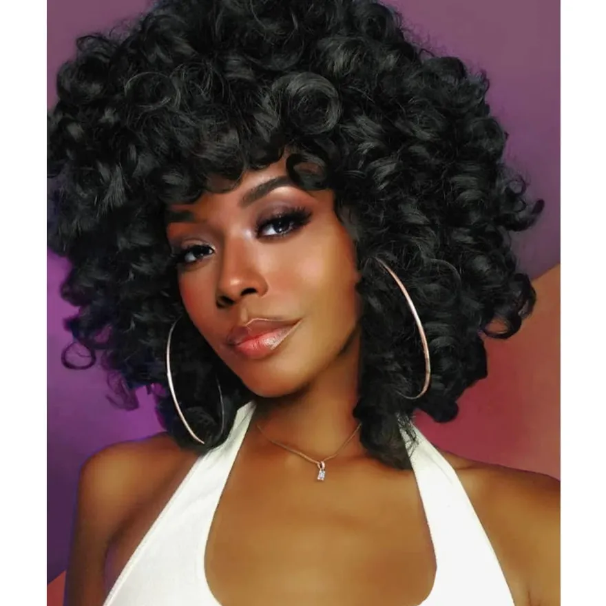 Porsmeer Afro Perücke Damen Synthetik Kinky Curly mit Pony Natürliche Haar für