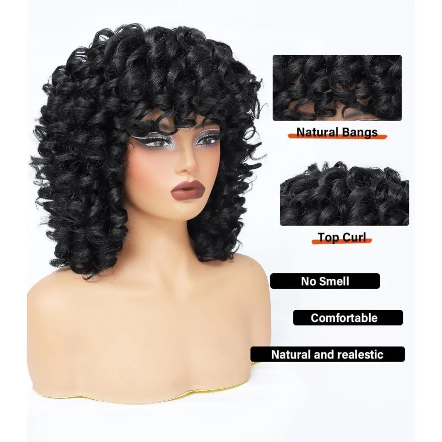 Porsmeer Afro Perücke Damen Synthetik Kinky Curly mit Pony Natürliche Haar für