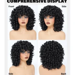Porsmeer Afro Perücke Damen Synthetik Kinky Curly mit Pony Natürliche Haar für