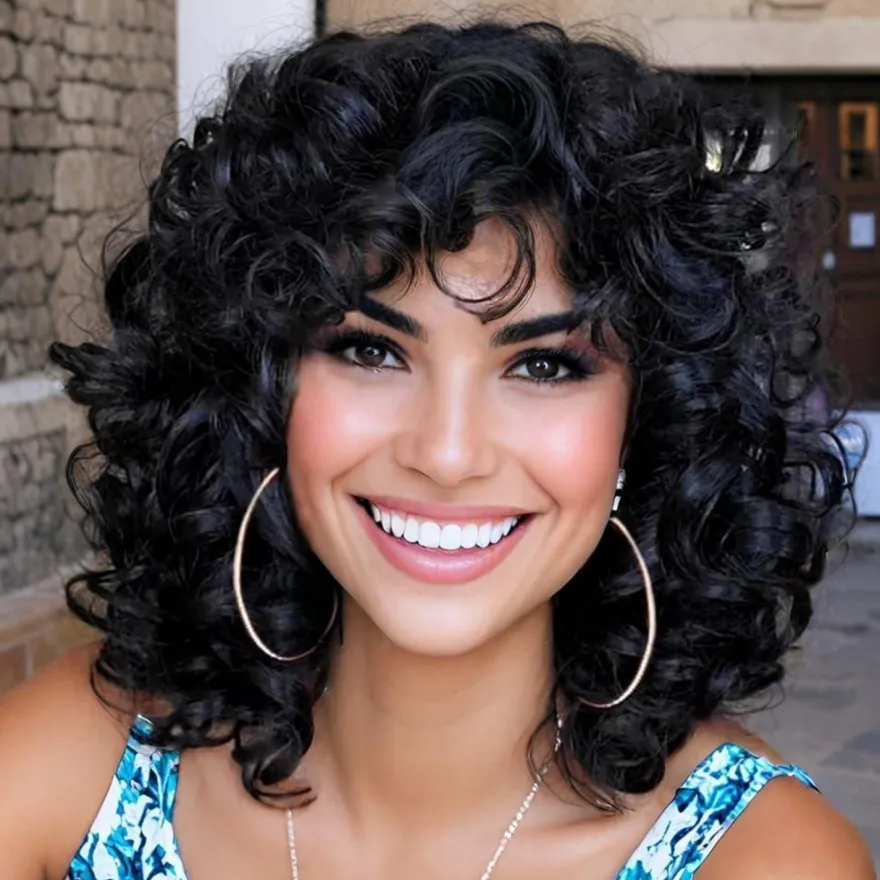 Porsmeer Afro Perücke Damen Synthetik Kinky Curly mit Pony Natürliche Haar für