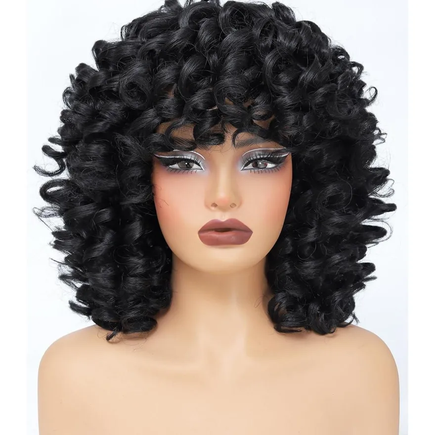 Porsmeer Afro Perücke Damen Synthetik Kinky Curly mit Pony Natürliche Haar für