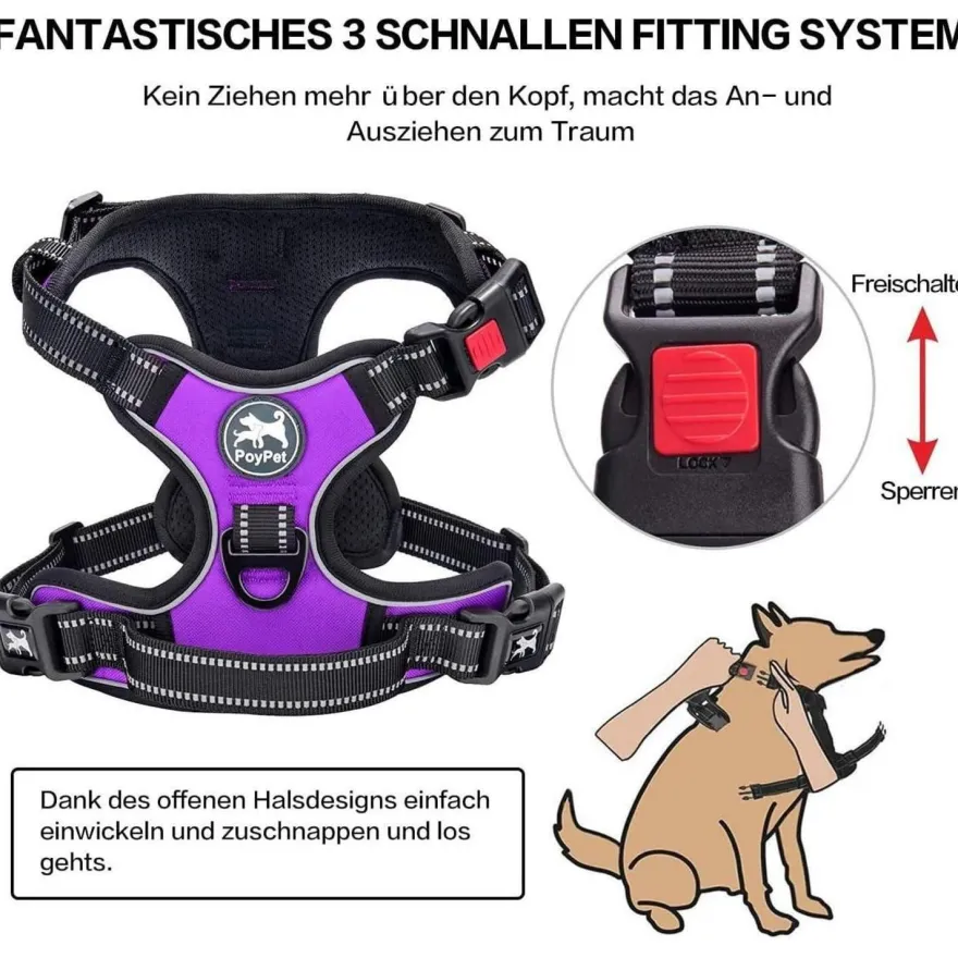 PoyPet Reflektierendes Hundegeschirr, Front-Clip, Violett, Größe S