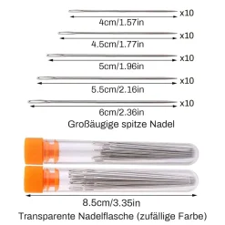 50 Premium-Nadeln mit großem Öhr, 5 Größen, Ledernadel Stickgarn, Edelstahlgarn