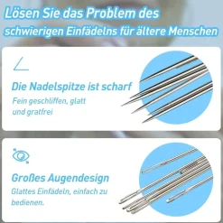 50 Premium-Nadeln mit großem Öhr, 5 Größen, Ledernadel Stickgarn, Edelstahlgarn