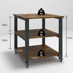 PUNCIA 3-Ebenen Druckertisch mit Rollen, mobil, Holz & Metall, 50x50x50 cm Retro