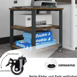 PUNCIA 3-Ebenen Druckertisch mit Rollen, mobil, Holz & Metall, 50x50x50 cm Retro