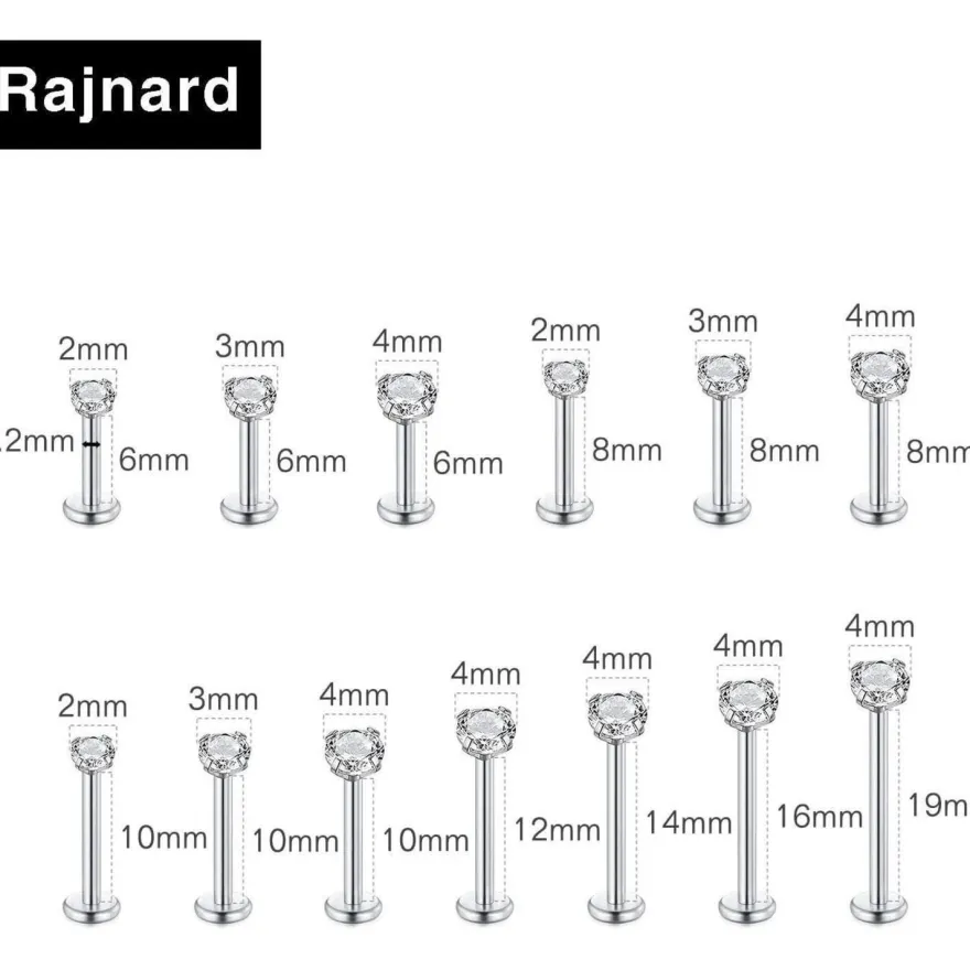 Rajnard 2er Set 16G Chirurgenstahl Lippenpiercing Labret mit Zirkon, Silber