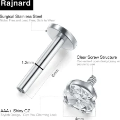 Rajnard 2er Set 16G Chirurgenstahl Lippenpiercing Labret mit Zirkon, Silber