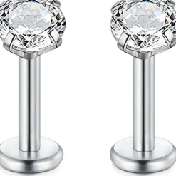 Rajnard 2er Set 16G Chirurgenstahl Lippenpiercing Labret mit Zirkon, Silber
