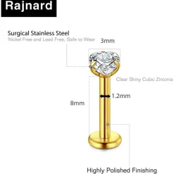 Rajnard 16G Lippenpiercing Push In Chirurgenstahl Labret Stecker 1.2 * 8MM Gold