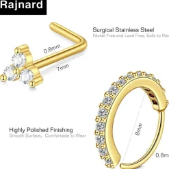 Rajnard 316L Chirurgenstahl Nasenpiercing Set 20G 8mm 7mm Silber/Gold L-Form
