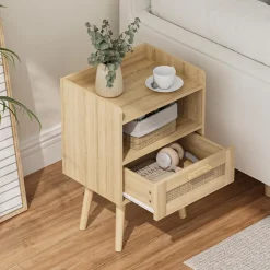 Rattan Nachttisch Schublade Holz Beine Schlafzimmer Wohnzimmer Eiche