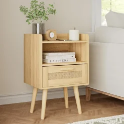 Rattan Nachttisch Schublade Holz Beine Schlafzimmer Wohnzimmer Eiche
