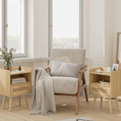 Rattan Nachttisch Schublade Holz Beine Schlafzimmer Wohnzimmer Eiche