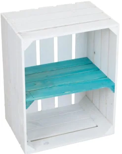 Regalkiste Johanna weiß lasiert mit türkisem Querbrett