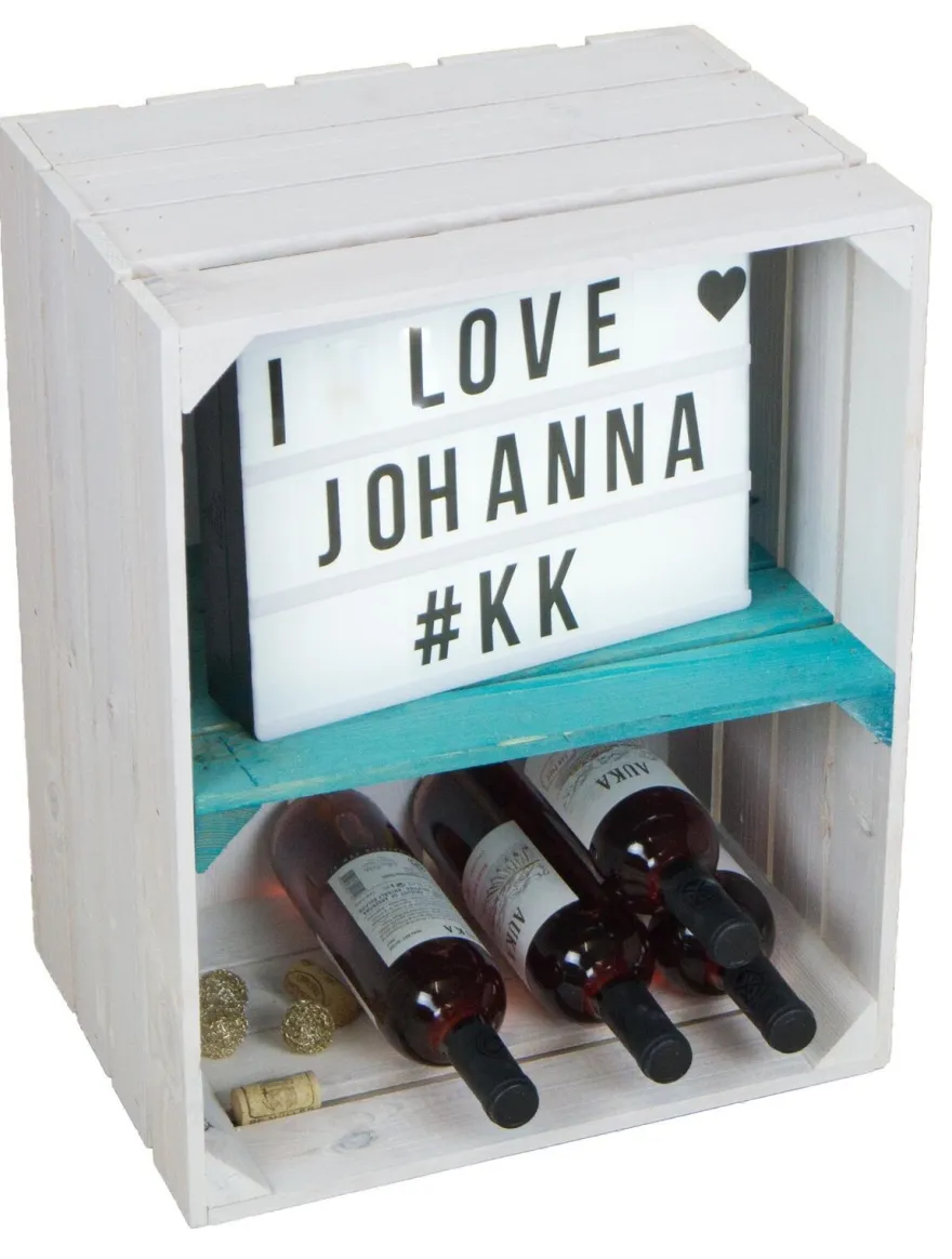 Regalkiste Johanna weiß lasiert mit türkisem Querbrett