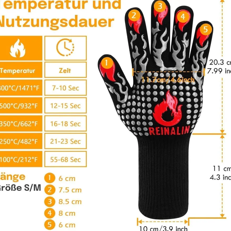 Reinalin Grillhandschuhe Hitzebeständig bis 800°C, Ofenhandschuhe für BBQ und