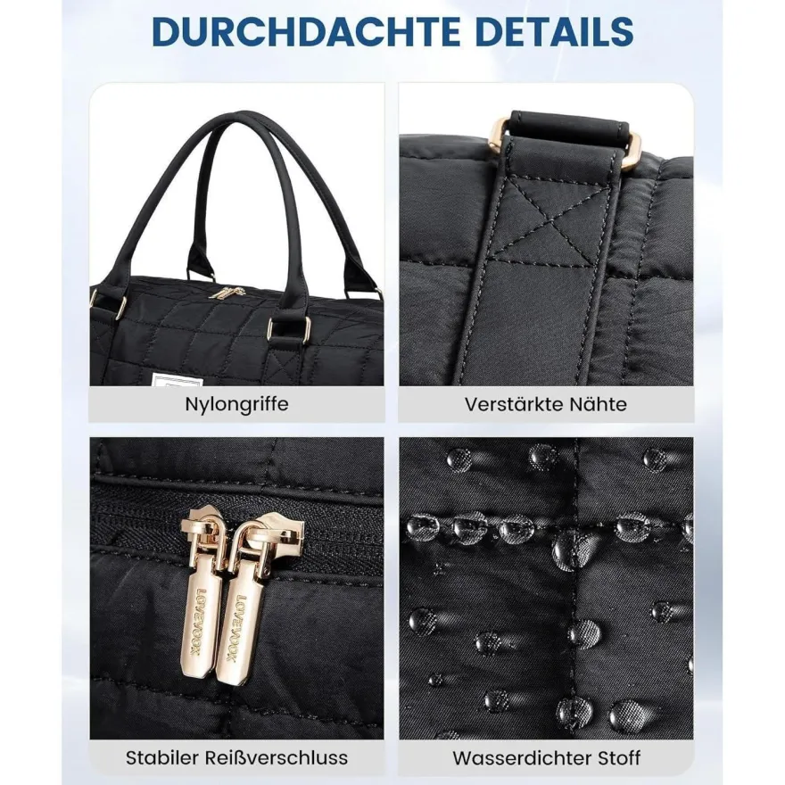 Reisetasche Damen Leicht Weekender Handgepäck mit Schuhfach Nassfach Schwarz