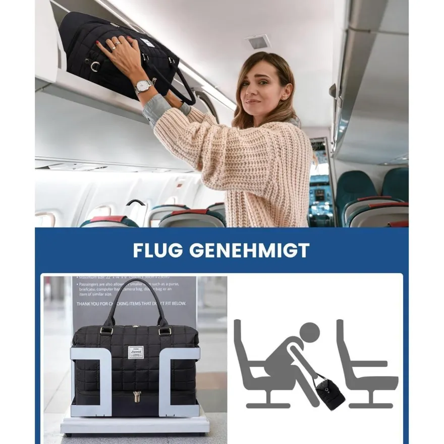 Reisetasche Damen Leicht Weekender Handgepäck mit Schuhfach Nassfach Schwarz