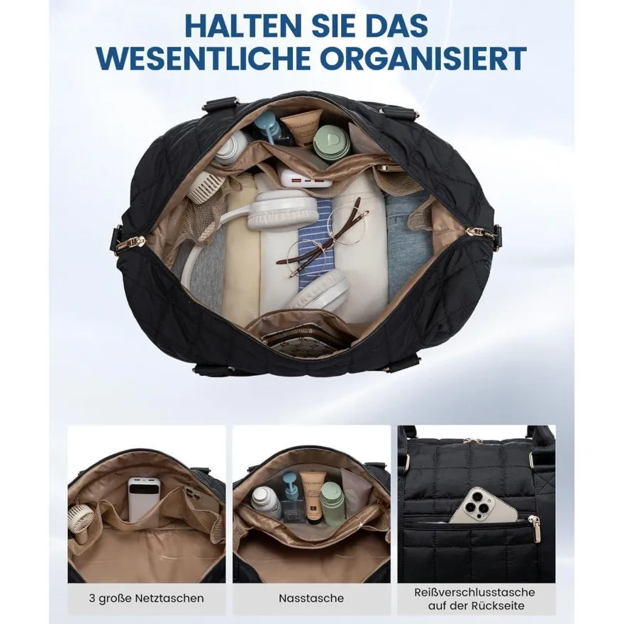 Reisetasche Damen Leicht Weekender Handgepäck mit Schuhfach Nassfach Schwarz