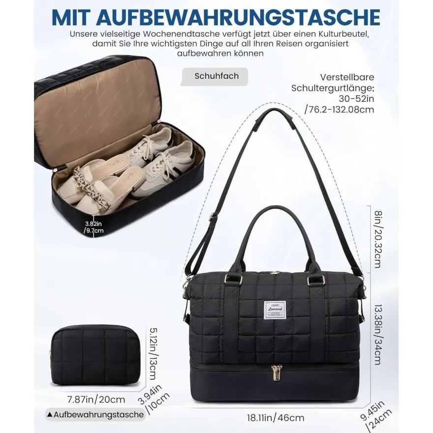 Reisetasche Damen Leicht Weekender Handgepäck mit Schuhfach Nassfach Schwarz