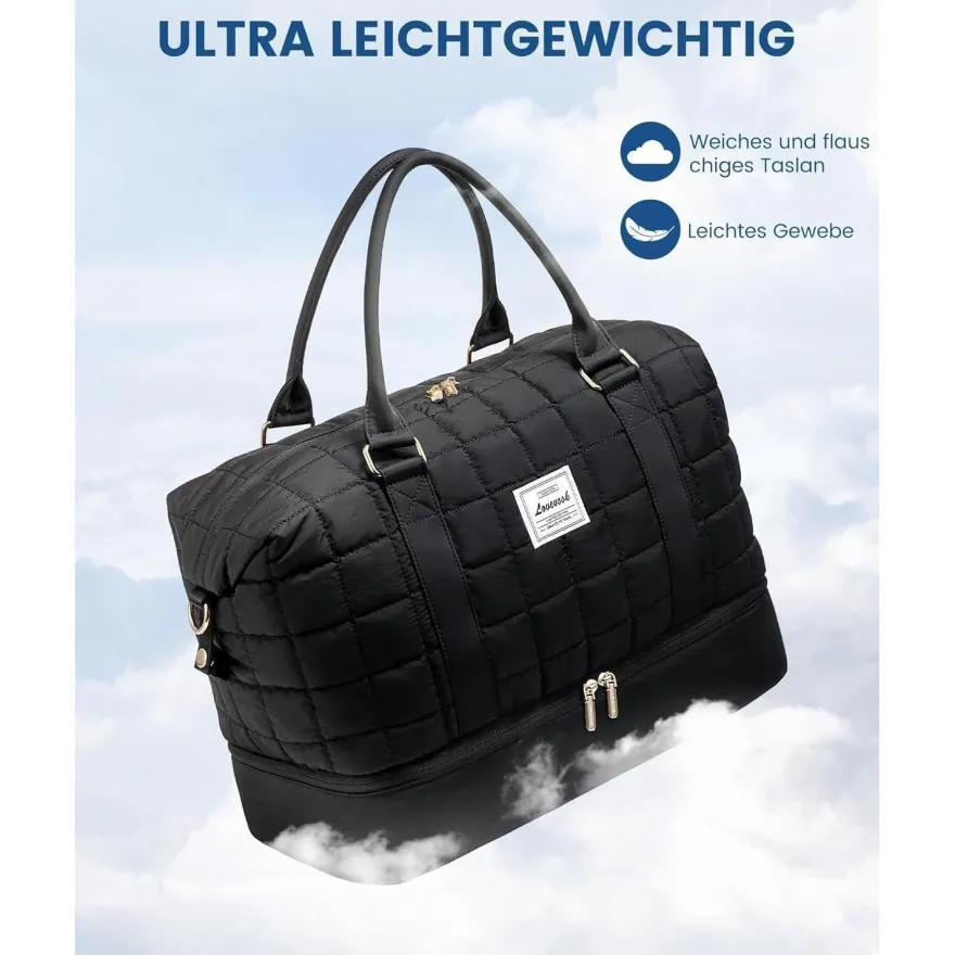 Reisetasche Damen Leicht Weekender Handgepäck mit Schuhfach Nassfach Schwarz