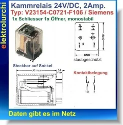 Relais Kammrelais Spule: 24V/ DC, Siemens: V23154-C0721-F106, 1NO, 1NC, 2A, 1St