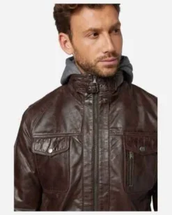 Ricano Rex Braun Herren Lederjacke Büffel Nappa Bikerjacke mit Kapuze Echtleder