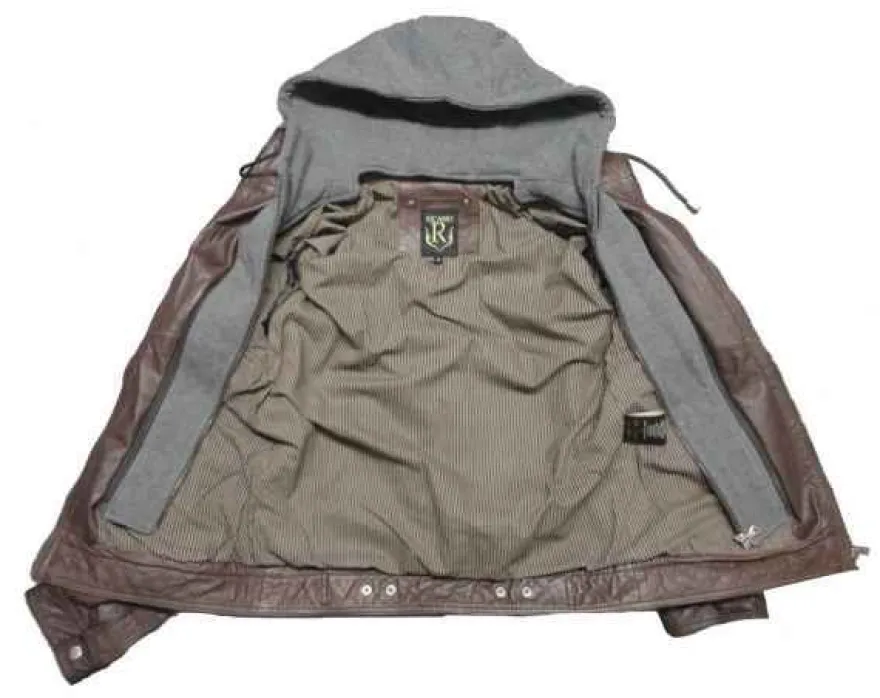 Ricano Rex Braun Herren Lederjacke Büffel Nappa Bikerjacke mit Kapuze Echtleder