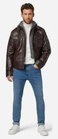 Ricano Rex Braun Herren Lederjacke Büffel Nappa Bikerjacke mit Kapuze Echtleder