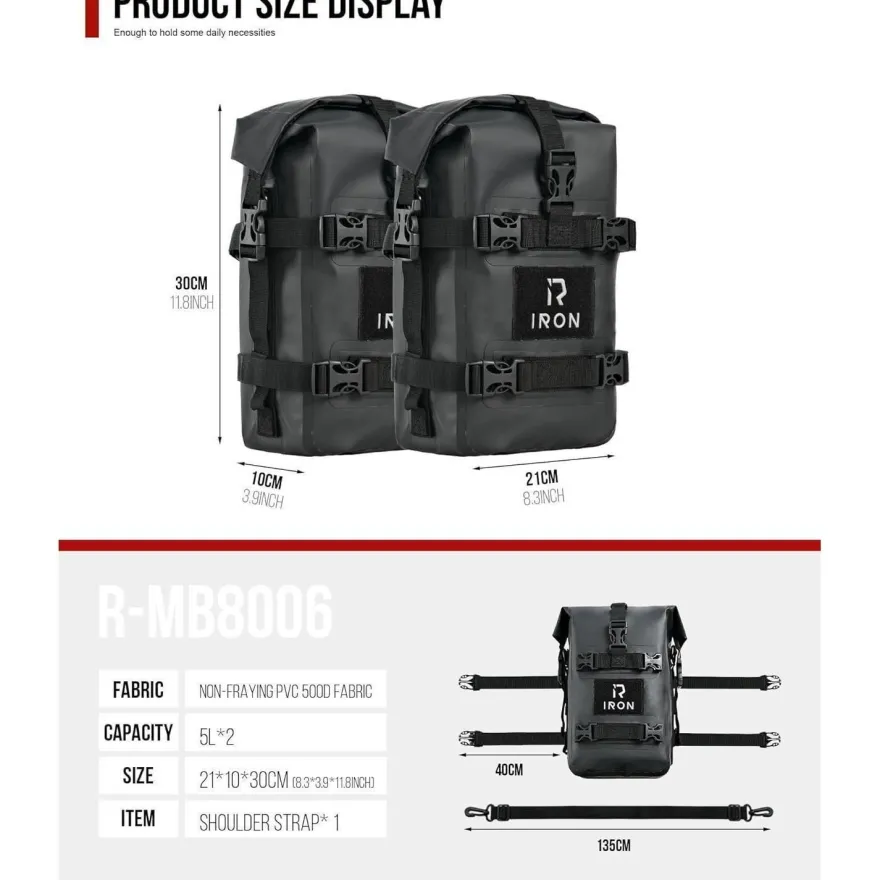 Rideiron Sturzbügeltaschen Motorrad - 2x5L wasserdichte Crash Bar Bags aus 500D