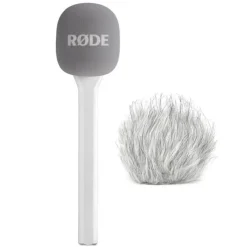 Rode Handadapter Interview GO Weiss mit Fell-Windschutz