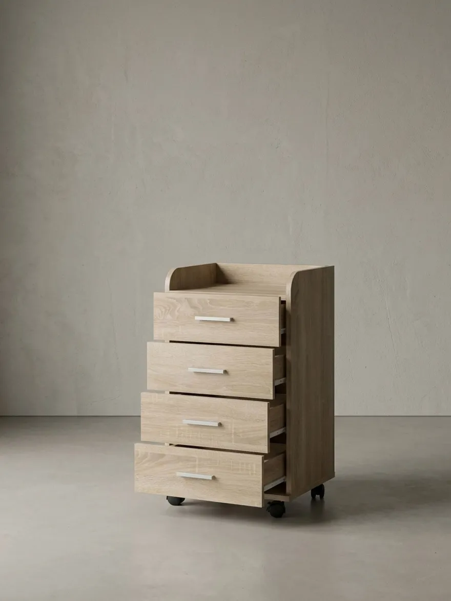 Rollcontainer ISONZO Holz 4 Schubladen Ablage mit Rollen 40x33x71 cm