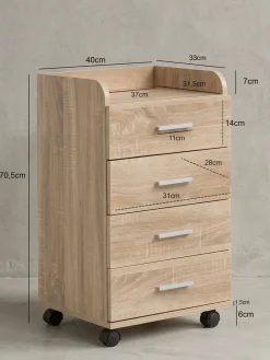 Rollcontainer ISONZO Holz 4 Schubladen Ablage mit Rollen 40x33x71 cm
