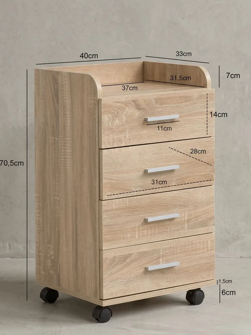Rollcontainer ISONZO Holz 4 Schubladen Ablage mit Rollen 40x33x71 cm