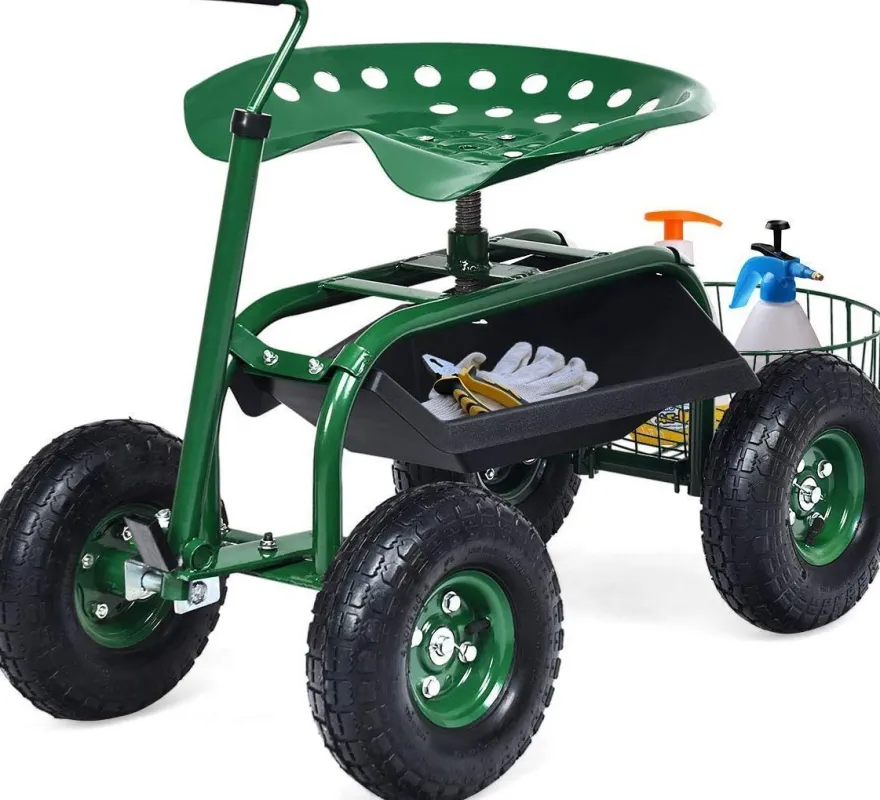 Rollsitz mit Rollen, Gartenwagen mit ausziehbarem Griff & Korb, 360¡ã drehbar
