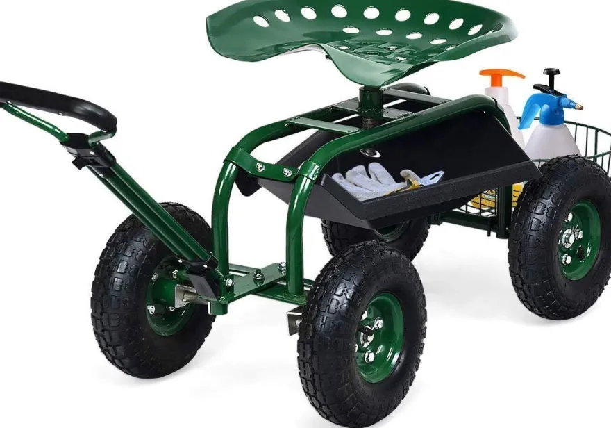 Rollsitz mit Rollen, Gartenwagen mit ausziehbarem Griff & Korb, 360¡ã drehbar