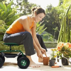 Rollsitz mit Rollen, Gartenwagen mit ausziehbarem Griff & Korb, 360¡ã drehbar