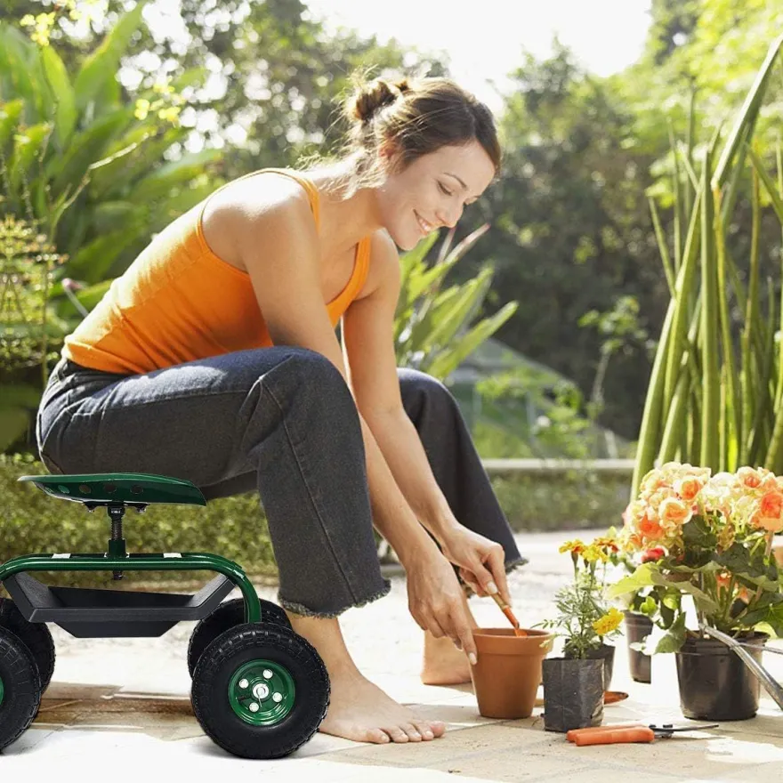 Rollsitz mit Rollen, Gartenwagen mit ausziehbarem Griff & Korb, 360¡ã drehbar