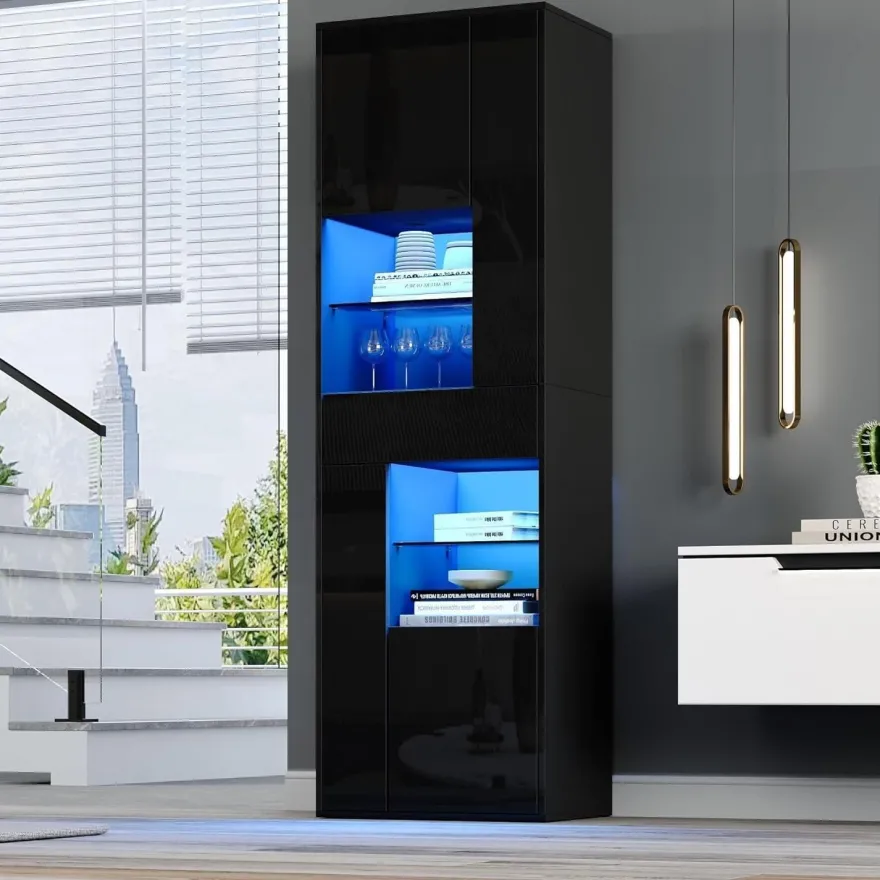 SACOOL Hochschrank Vitrine 55x38x170cm Schwarz mit 1 Schublade, 4 Schränken und