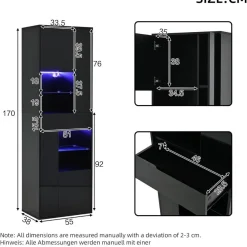 SACOOL Hochschrank Vitrine 55x38x170cm Schwarz mit 1 Schublade, 4 Schränken und