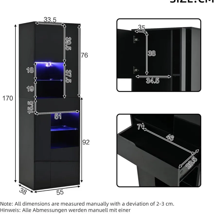 SACOOL Hochschrank Vitrine 55x38x170cm Schwarz mit 1 Schublade, 4 Schränken und
