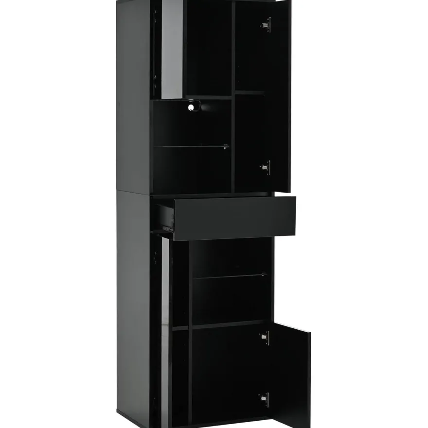 SACOOL Hochschrank Vitrine 55x38x170cm Schwarz mit 1 Schublade, 4 Schränken und