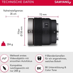 Samyang V-AF 45mm T1,9 FE Video-Objektiv für Sony E Kameraobjektiv Autofokus 8K